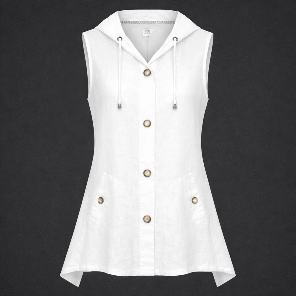Sigrid Olsen 100% White Linen Tunic Cover Up With Hood Size XL